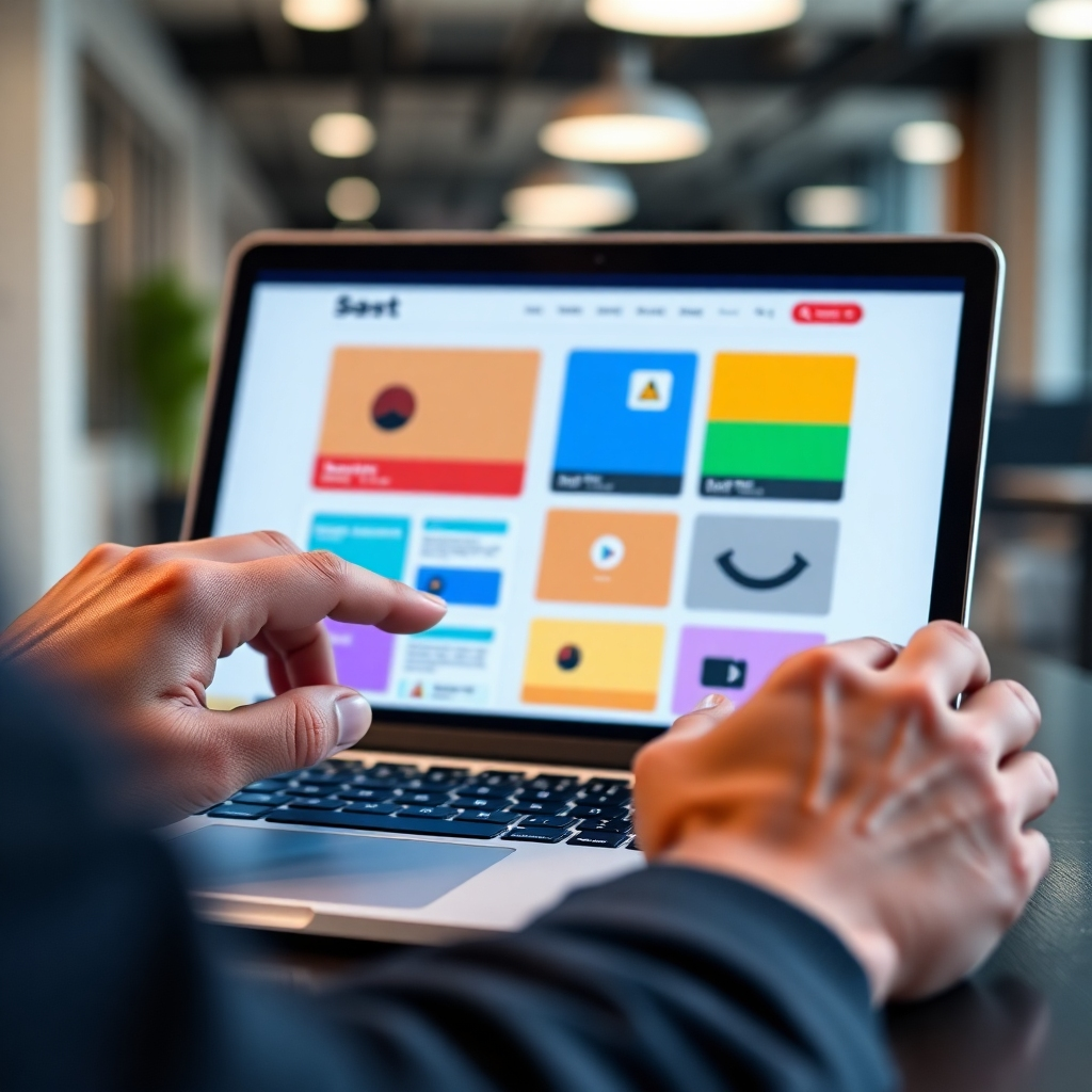 A close-up shot of a person's hands using a sleek, modern interface on a laptop screen. The interface shows large, colorful blocks being easily dragged and dropped to create a website layout. The background should be a blurred, modern office setting. The overall mood should be one of ease and simplicity.