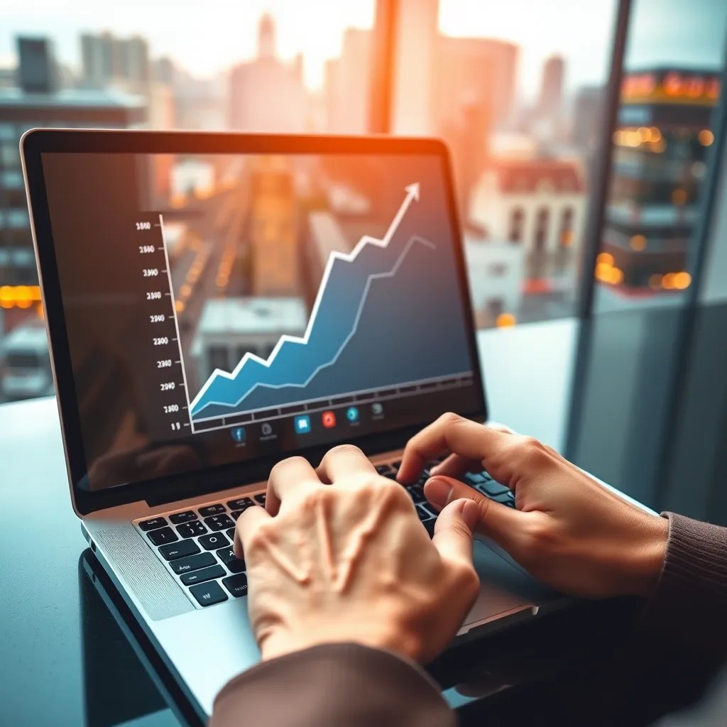 A close-up shot of a person's hands typing on a laptop keyboard, with a large screen displaying a graph showing a sharp upward trend in website traffic. The laptop is on a desk with a modern, minimalist design, and the background is a blurred image of a bustling cityscape. The lighting is soft and natural, creating a warm and inviting atmosphere. The overall mood is optimistic and dynamic, reflecting the positive impact of SEO on website growth. Render in 8K resolution with ultra-realistic detail, highlighting the sharpness of the laptop screen and the intricate textures of the keyboard keys and the desk surface.