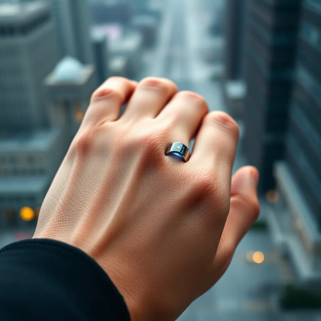 A close-up shot of a person wearing a sleek, futuristic smart ring on their finger, with a subtle blue light emanating from the ring, indicating connectivity. The background is a blurred cityscape, showcasing the ring's use in everyday life.