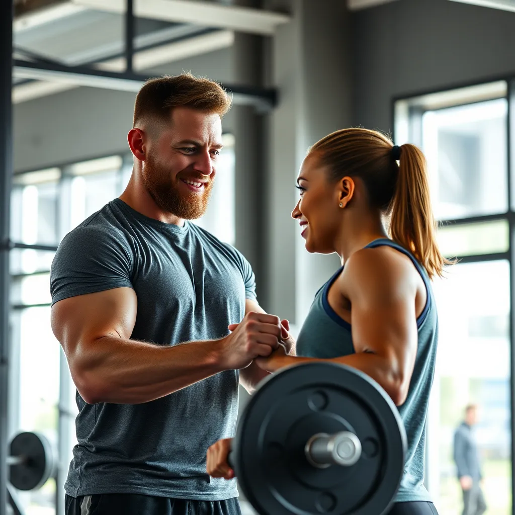 A close-up shot of a personal trainer motivating a client during a weightlifting session at SAITS4U Gym. The gym should be modern and well-equipped, with natural light streaming through large windows. The client should be focused and determined, while the trainer should have a friendly and encouraging demeanor. 
