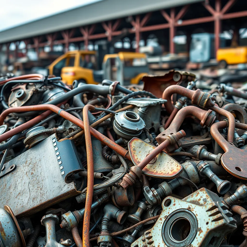 A close-up shot of a pile of assorted scrap metal, including car parts, engine components, and twisted metal pieces. The metal is brightly colored with rust and paint, highlighting its various textures and shapes. The background is a blurry image of a scrap yard with several large metal structures and a forklift in the distance.