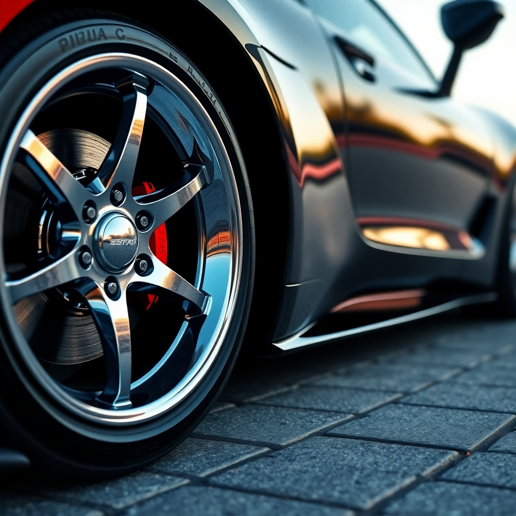 A close-up shot of a set of shiny, chrome wheels on a high-performance sports car. The wheels are perfectly clean, with no brake dust or grime. The tires are black and glossy, and the car is parked on a paved road with a blurred background. The image should focus on the immaculate detail of the wheels, highlighting their smooth, polished surfaces.