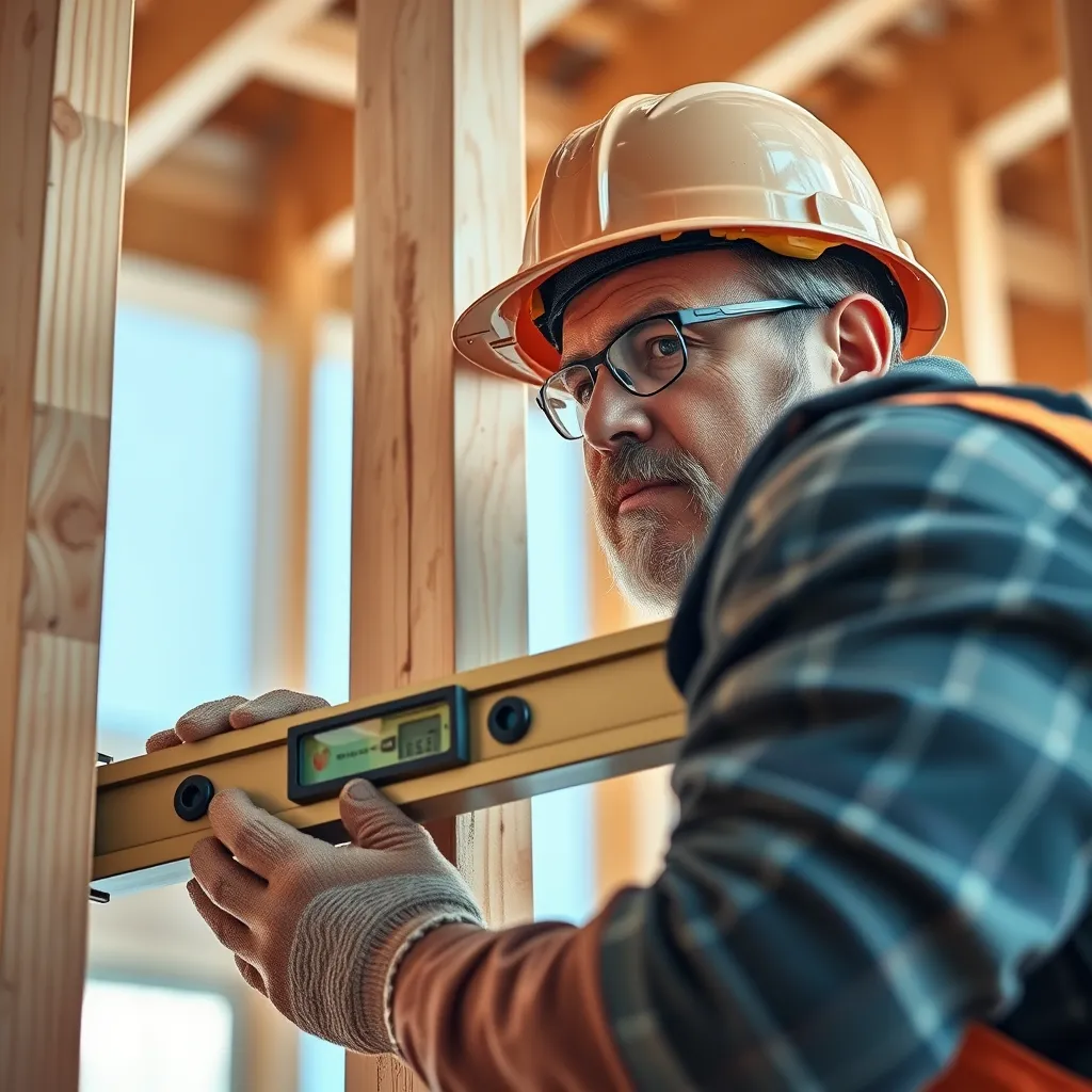 A close-up shot of a skilled construction worker carefully using a level to ensure the precise alignment of a wooden beam during the framing stage of a new home construction project. The scene should be brightly lit, showcasing the worker's focused expression and the intricate details of the construction process.