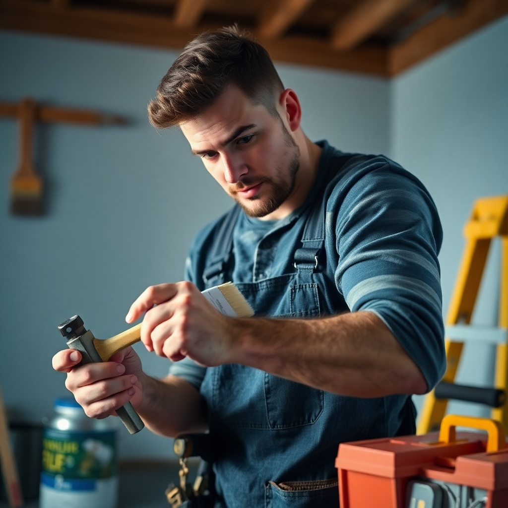 A close-up shot of a skilled handyman working on a home renovation project. He is wearing work clothes and using various tools, like a paintbrush, a hammer, and a level, while a paint can, a ladder, and a toolbox are in the background, showcasing the diversity of services offered.