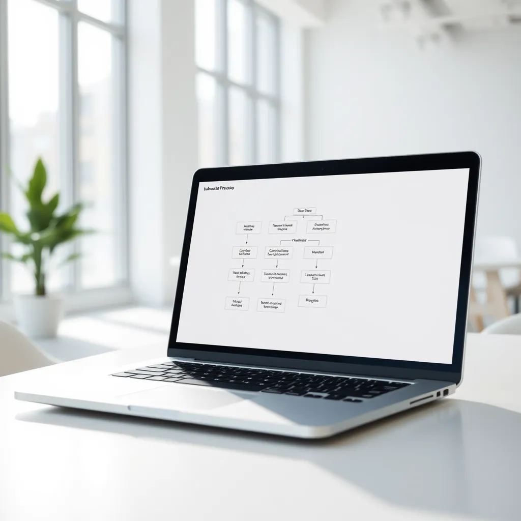 A close-up shot of a sleek, modern laptop with a bright, clean screen displaying a flowchart of automated processes.  The background is a minimalist white office space with natural light streaming in through large windows. The image should have a professional, clean, and organized aesthetic, emphasizing efficiency and streamlined workflows.  The laptop should be positioned at a slight angle, showcasing the flowchart clearly.  The overall mood should be positive and optimistic, conveying the idea of smooth, automated processes.  The image should have a high level of detail, with sharp focus on the screen and the surrounding environment. The color palette should be light and airy, with muted shades of blue, grey, and white.  The image should have a realistic and professional style, akin to a high-quality marketing brochure or website.