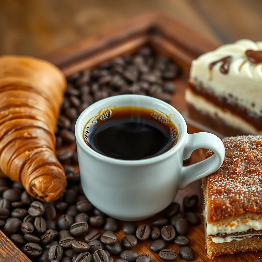 A close-up shot of a steaming cup of coffee with rich, dark crema, served alongside a flaky croissant and a slice of decadent cake. The coffee beans and pastries are arranged artfully on a wooden tray, highlighting their freshness and quality.