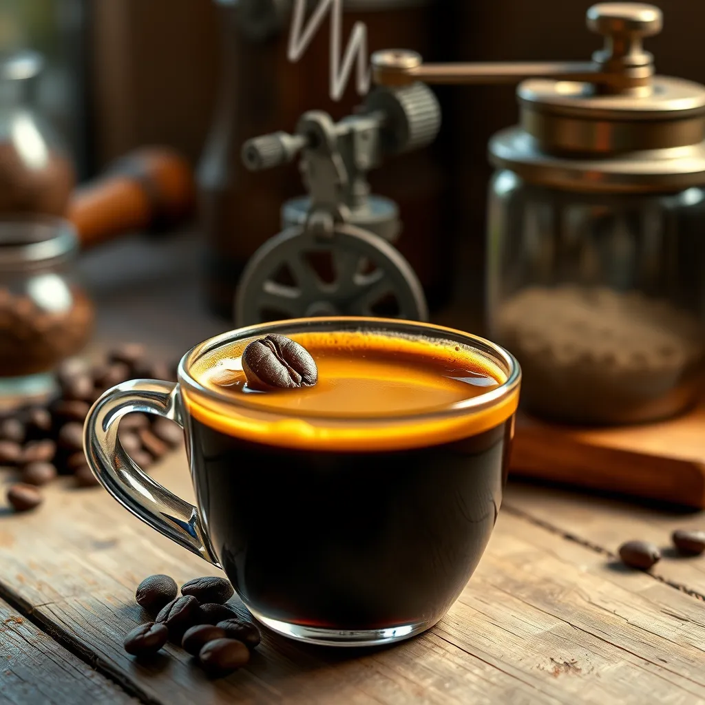 A close-up shot of a steaming cup of coffee with rich, dark brown liquid,  a  coffee bean sprinkled on top,  and a coffee grinder in the background,  all set on a rustic wooden table with a warm, inviting atmosphere.
