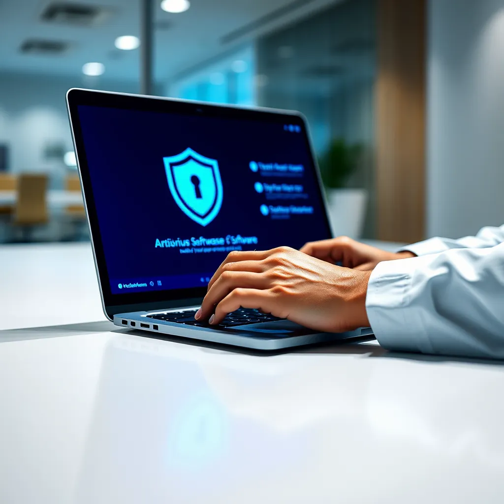 A close-up shot of a technician's hands working on a laptop, with a bright blue antivirus software interface visible on the screen. The laptop is positioned on a clean, white desk, with a subtle blue light reflecting off the keyboard. The lighting should be soft and diffused, casting a gentle glow on the scene. The background should be a blurred image of a modern office with a minimalist aesthetic. The image should convey a sense of professionalism, expertise, and peace of mind. The image should be rendered in 8K resolution, with hyperrealistic detail, and a focus on capturing the intricacies of the technician's hands and the software interface.