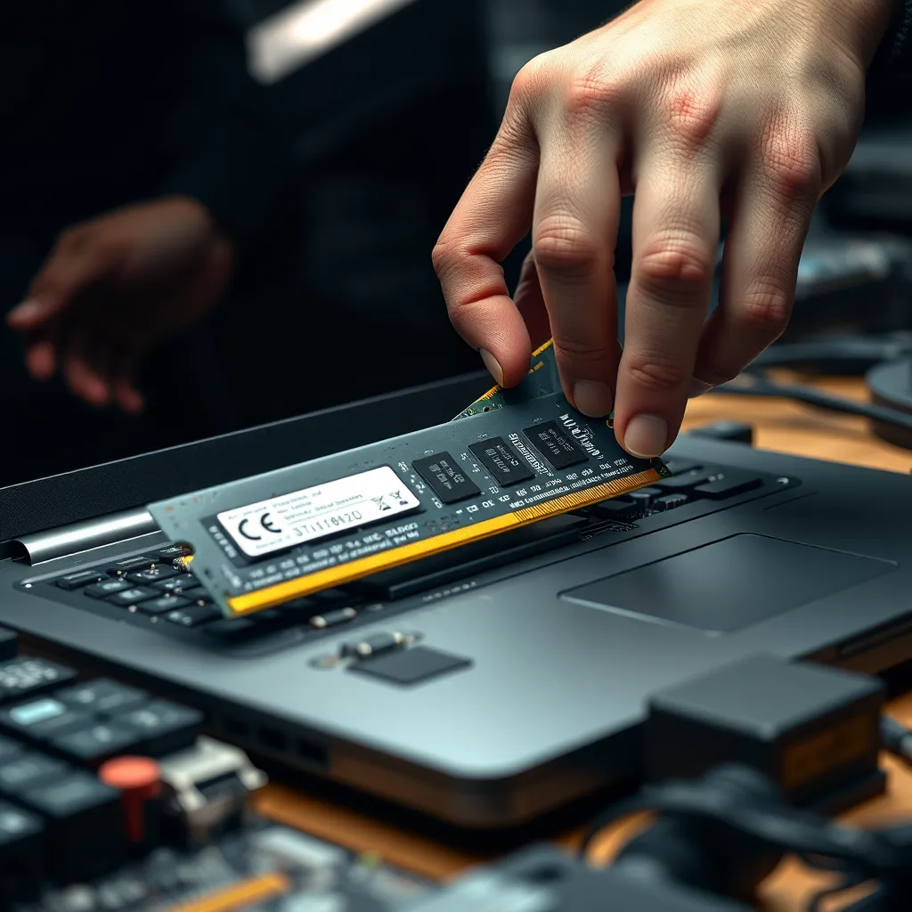A close-up shot of a technician installing a new RAM module into a laptop, with various other hardware components scattered around on a workbench. The image should convey precision and professionalism.