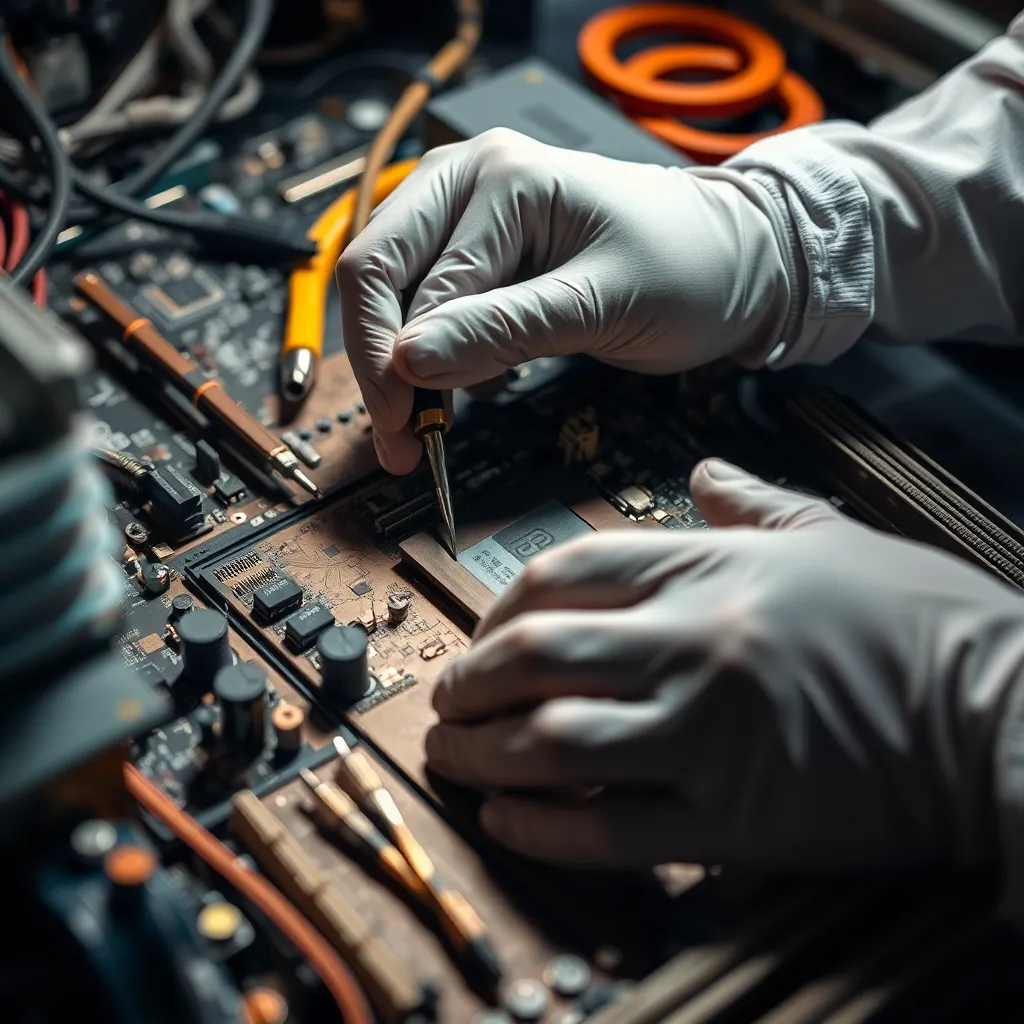 A close-up shot of a technician's hands working on a computer motherboard, with various tools and components scattered around. The focus should be on the meticulous and expert nature of the repair process. The lighting should be bright and clear, highlighting the details of the work being done.