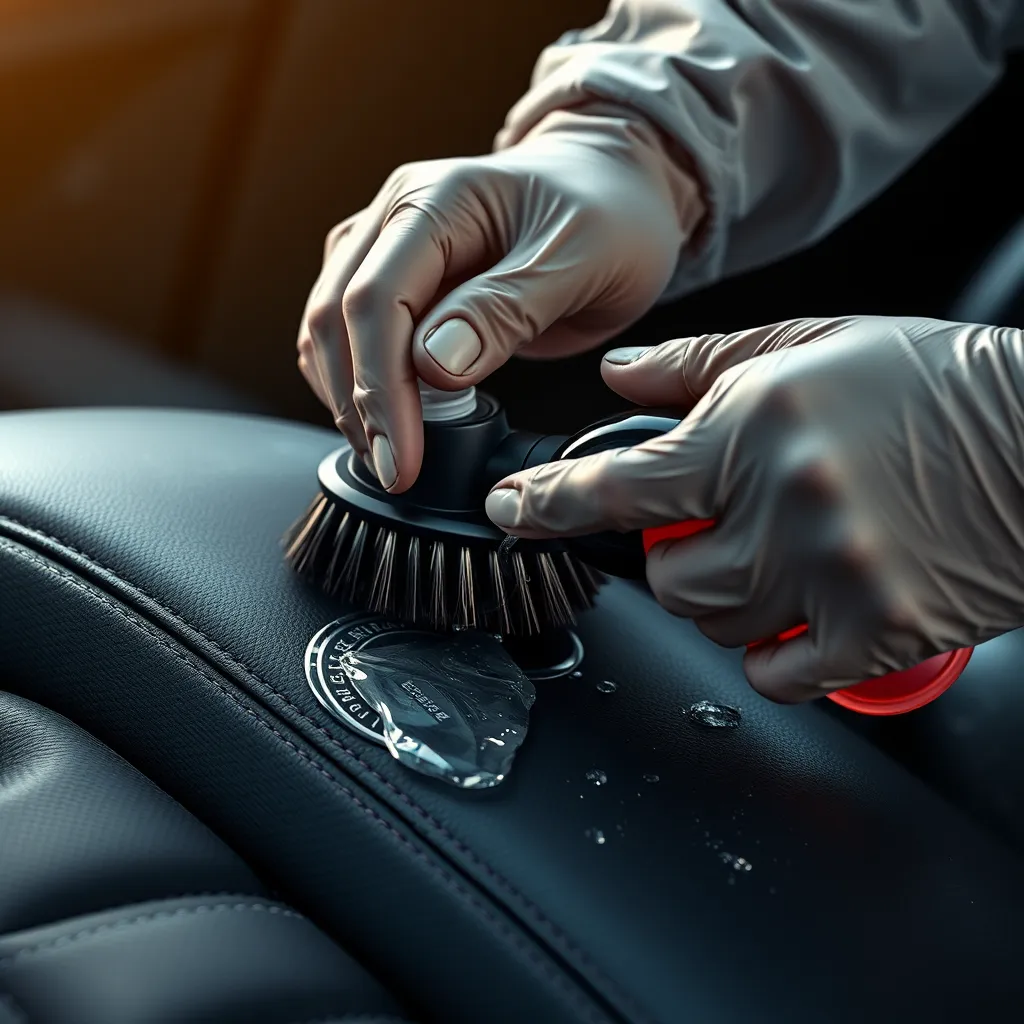 A close-up shot of a technician's hands carefully cleaning a leather car seat with a specialized cleaning brush and solution. The image highlights the meticulous attention to detail and the premium quality products used in the process.