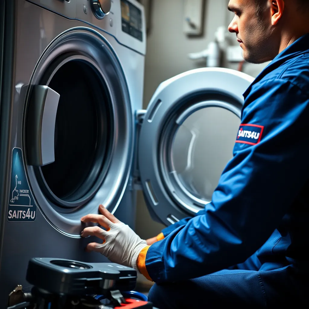 A close-up shot of a technician in a SAITS4U uniform working on a washing machine, with tools and parts spread out around them. The scene should be bright and well-lit, highlighting the professionalism and expertise of the technician. 