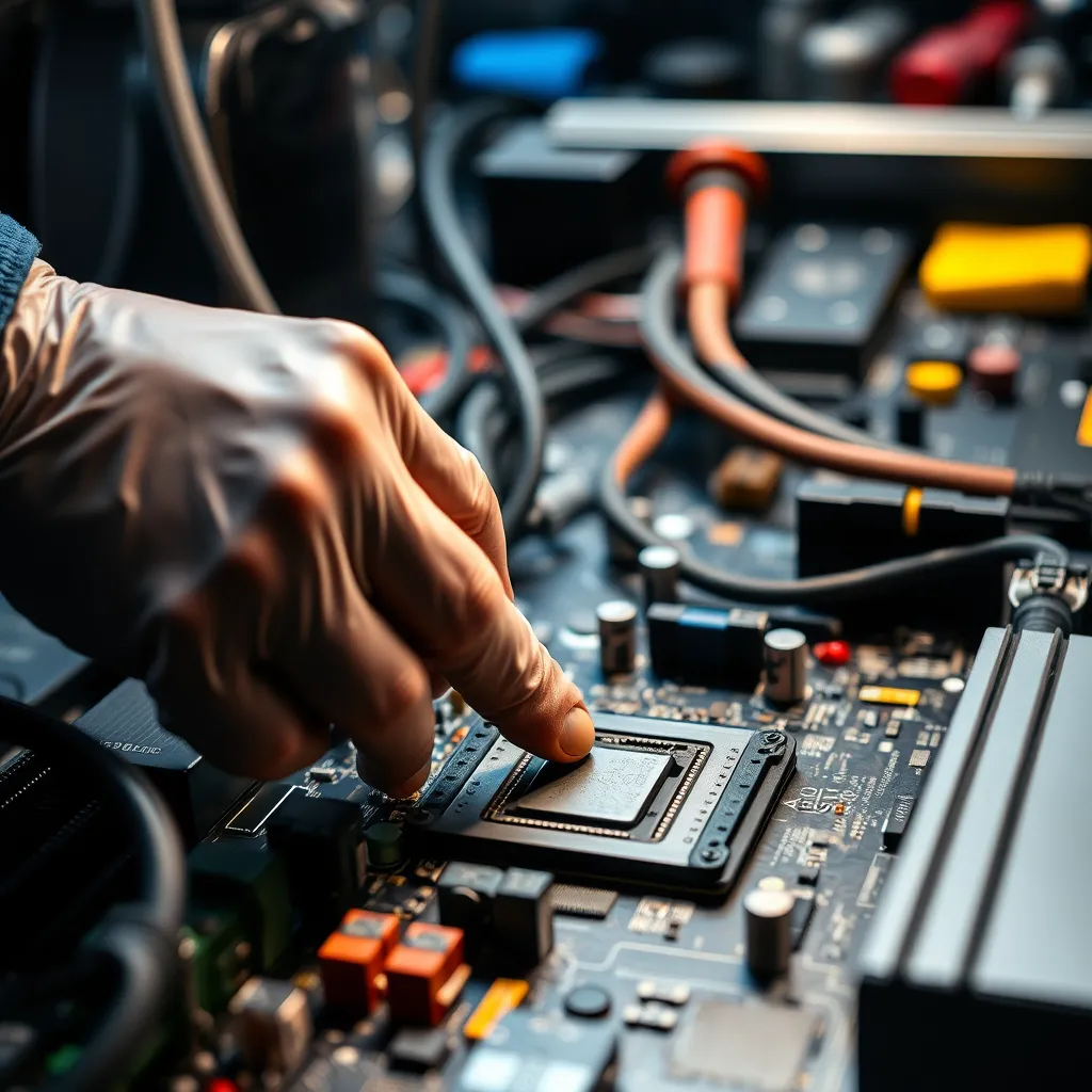 A close-up shot of a technician's hands carefully examining a computer motherboard, with various tools and components visible in the background. The lighting should be bright and focused on the technician's hands.