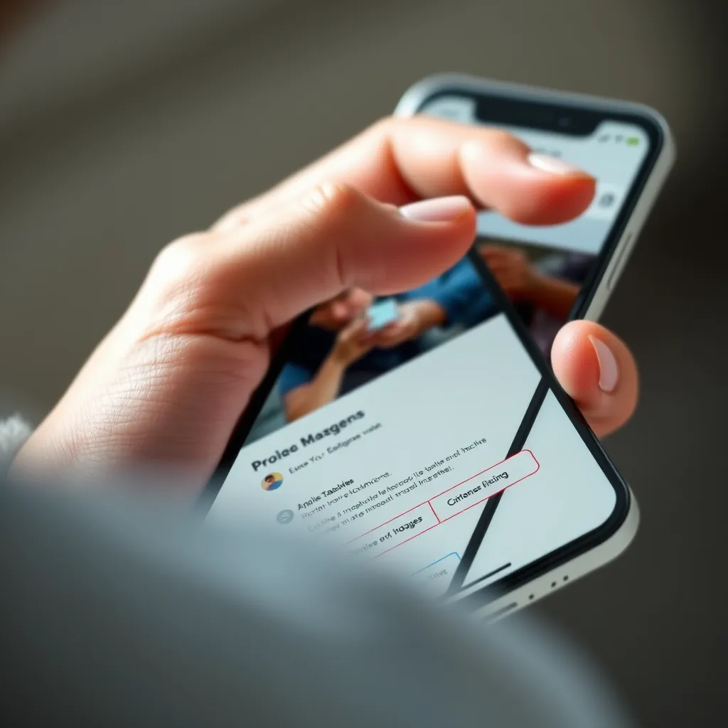 A close-up shot of a user interacting with a website on a mobile phone. The interface should be clean, intuitive, and easy to use, with clear call-to-action buttons and a visually appealing design.