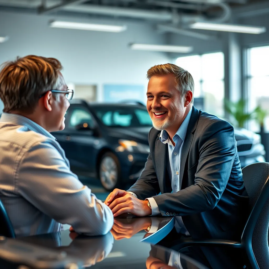 A close-up shot of Clay Franks sitting with a customer at a dealership desk, going over the details of a car purchase. The customer should be smiling and engaged, while Clay Franks maintains a friendly and professional demeanor. The background should be a clean and organized dealership office.