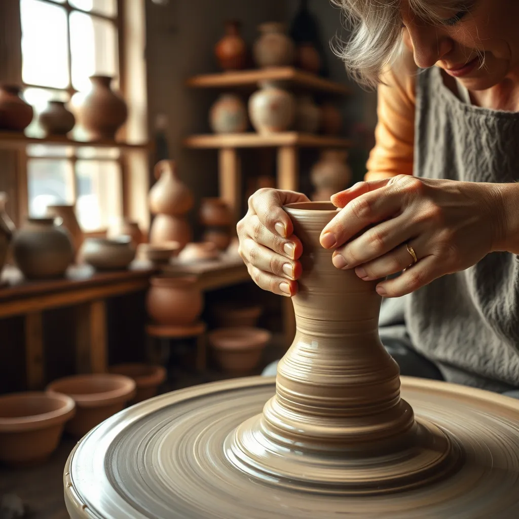A close-up shot of Mary Glasgow, a skilled potter, meticulously shaping a clay vase on a spinning pottery wheel. The studio is filled with soft, natural light streaming through a large window. The vase is partially formed, showcasing the smooth, wet clay and the artist's skilled hands.  The background features a collection of beautifully crafted pottery pieces, with warm, earthy tones and subtle glazes. The scene exudes a sense of tranquility and artistry. Render the image in an 8K resolution with hyperrealistic detail, capturing the texture of the clay, the sheen of the glaze, and the intricate details of the pottery wheel.
