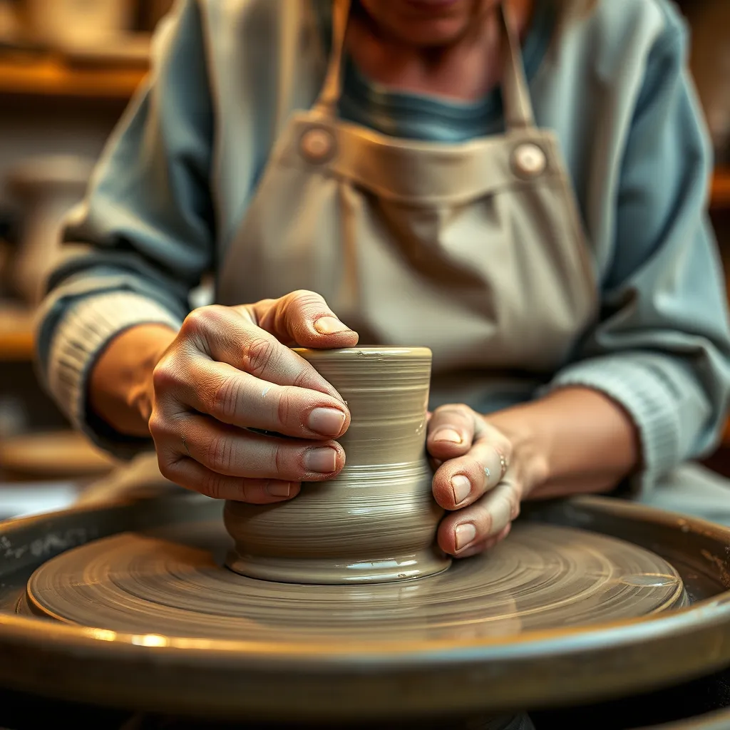 A close-up shot of Mary Glasgow's hands carefully shaping clay on a pottery wheel, with a warm and inviting studio setting in the background. The image should capture the artistry and dedication involved in her craft.