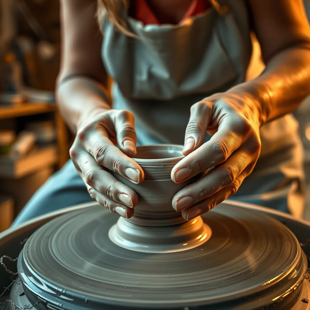 A close-up shot of Mary's hands shaping clay on a pottery wheel, with the focus on the intricate details of the piece being formed. The background should be a bright, well-lit studio with tools and other ceramic pieces scattered around. The lighting should be soft and warm, highlighting the artistry of the process.