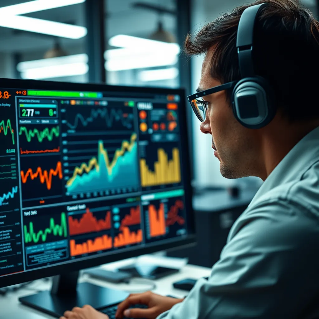 A close-up view of a cybersecurity professional monitoring a screen displaying complex data and graphs, highlighting the importance of security and threat detection. The background should be a modern, futuristic office setting with advanced technology.