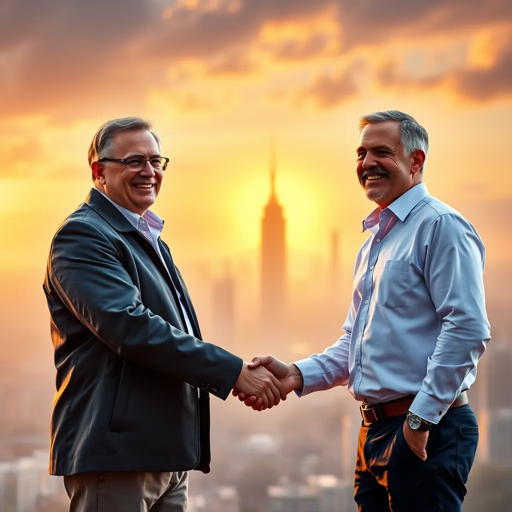 A coach and client, both smiling, shaking hands. In the background, a cityscape with a rising sun, symbolizing progress and reaching new heights.