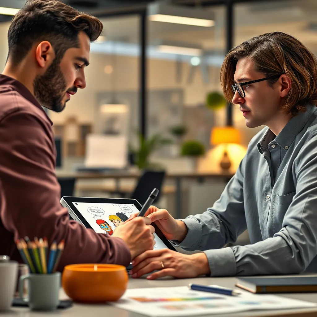 A collaborative scene with an illustrator and a client working together on an illustration. The illustrator is using a digital tablet and stylus to create a colorful character design, while the client provides feedback and suggestions. The background should be a modern office setting with a creative and inspiring atmosphere.