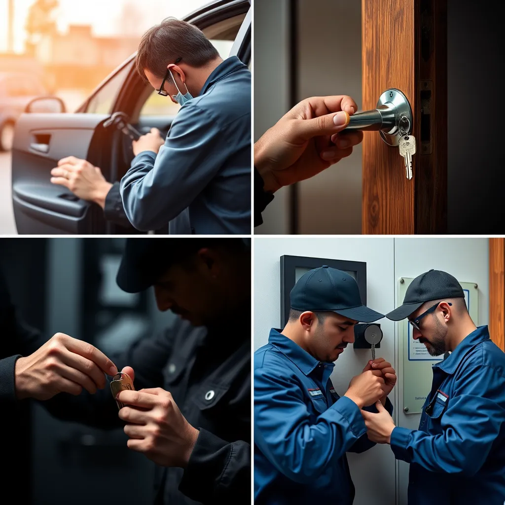 A collage of photorealistic images showing various locksmith services: a locksmith opening a car door with a tool, a locksmith installing a lock on a door, a locksmith duplicating keys, and a locksmith working on a security system panel.