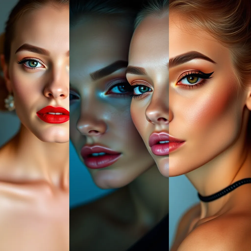 A collage of three different women with distinct makeup styles. The first image features a woman with a classic red lip and minimal eye makeup. The second image showcases a woman with a bold, smoky eye and nude lips. The third image depicts a woman with a trendy, colorful eye makeup look. The overall feel is vibrant and inspiring.