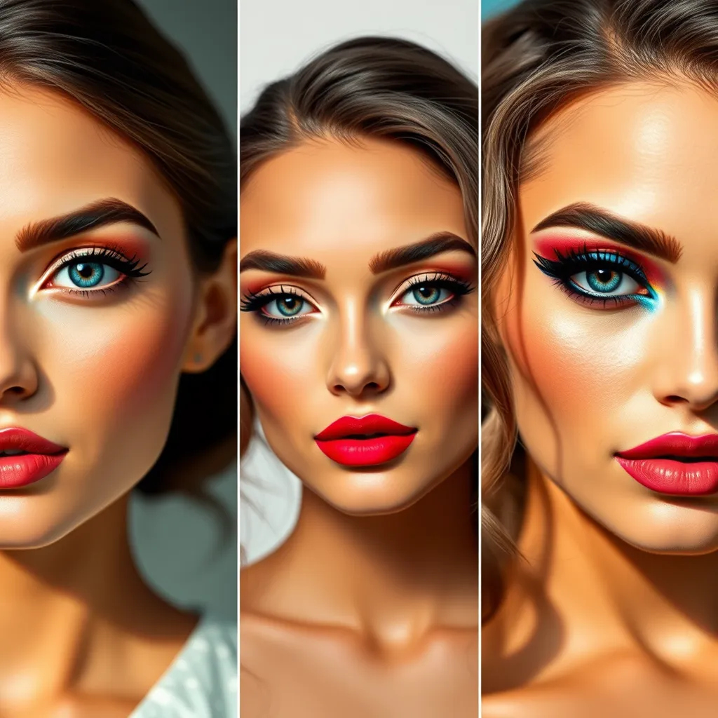 A collage of three images showcasing different makeup styles. Image 1: A woman with a classic, elegant makeup look. Image 2: A woman with a bold, dramatic makeup look. Image 3: A woman with a trendy, contemporary makeup look. Each image should be bright and vibrant, highlighting the distinct styles.