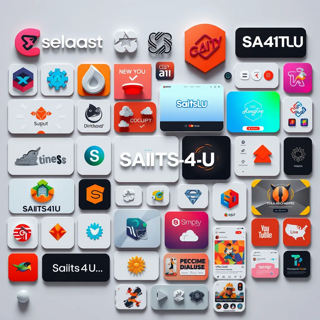 A collage of various digital design elements, including logos, illustrations, website mockups, and social media graphics, showcasing SAITS4U's expertise in creating visually compelling designs for different platforms.