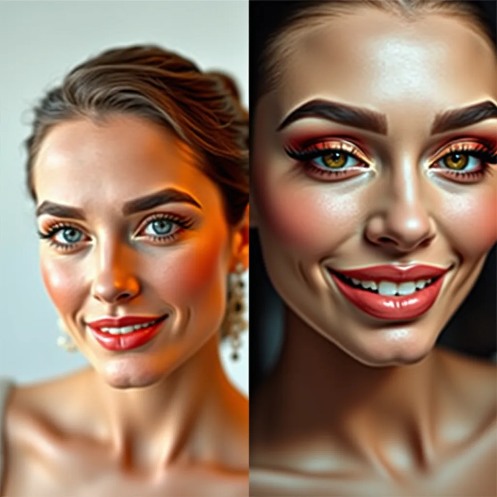 A collage showcasing diverse makeup looks. One side features a woman with a classic, elegant makeup look, while the other side features a woman with a bold, dramatic makeup look. Both women are smiling confidently and exude a sense of individuality.