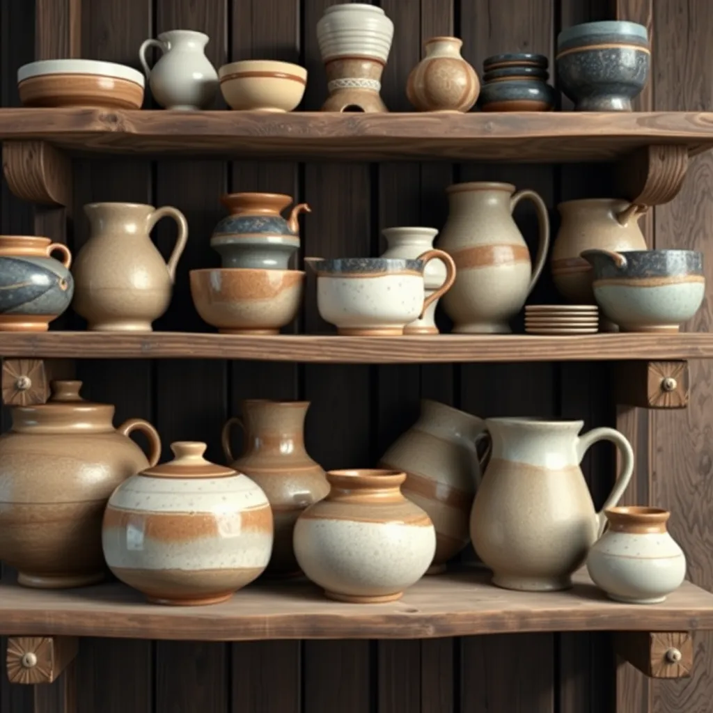 A collection of Mary Glasgow's pottery pieces displayed on a rustic wooden shelf, highlighting their unique shapes, textures, and colors. The image should capture the warmth and charm of handcrafted ceramics, with a touch of rustic elegance.