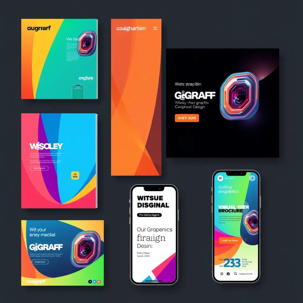 A collection of visually appealing graphics, including a brochure, a website banner, and a social media post, all featuring a consistent design aesthetic. The graphics should be colorful, modern, and impactful, showcasing the effectiveness of our graphic design services.