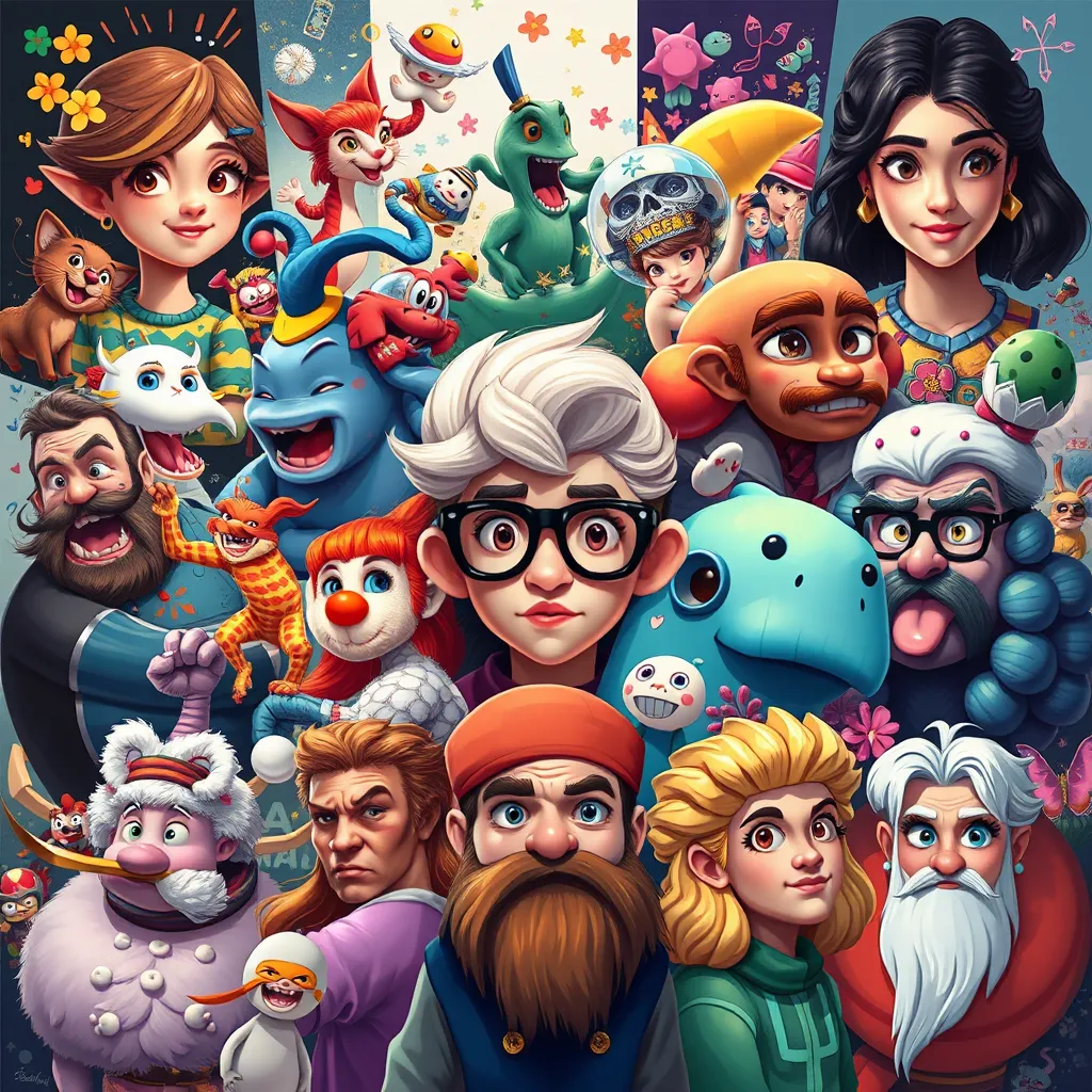 A colorful and dynamic collage of different illustration styles, showcasing a range of techniques and subject matter. The collage should include whimsical characters, intricate patterns, bold graphic designs, and realistic portraits, all seamlessly interwoven to highlight the breadth of our creative capabilities.