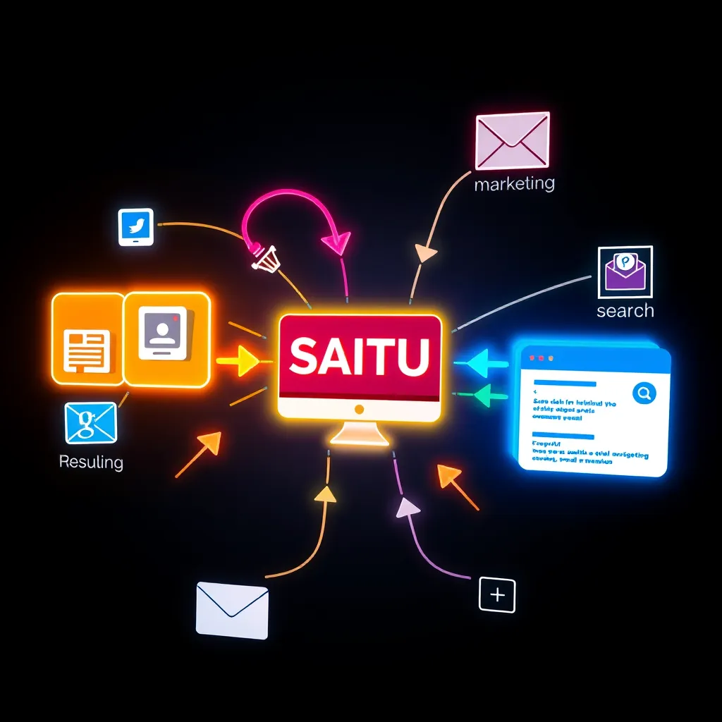 A colorful and dynamic graphic illustrating different marketing channels connected by arrows, including a website, social media platforms, email marketing, and search engine results. The graphic represents the interconnectedness of SAITS4U's services and their impact on overall brand growth.