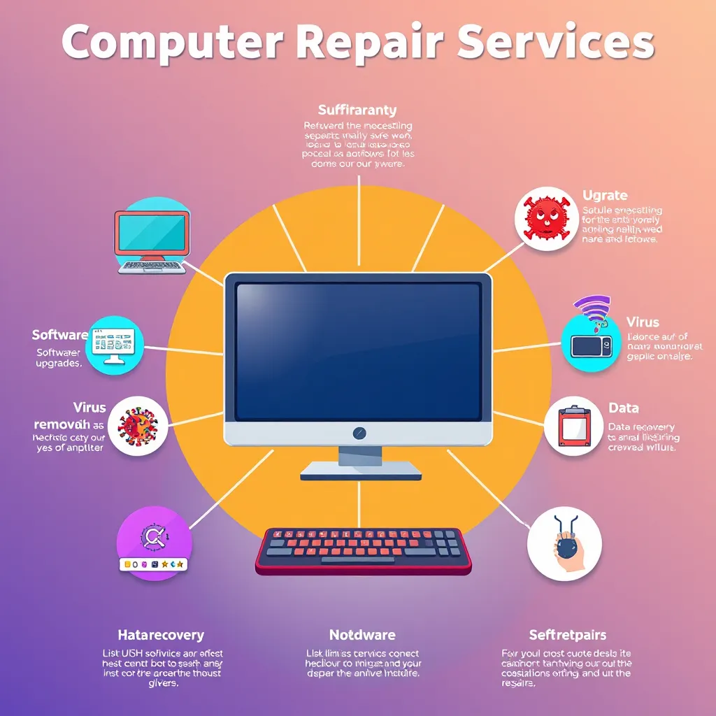 A colorful and vibrant infographic illustrating different types of computer repair services. The infographic should feature icons representing software upgrades, virus removal, data recovery, hardware repairs, and other common services. The background should be clean and modern, with a bright and inviting color palette.