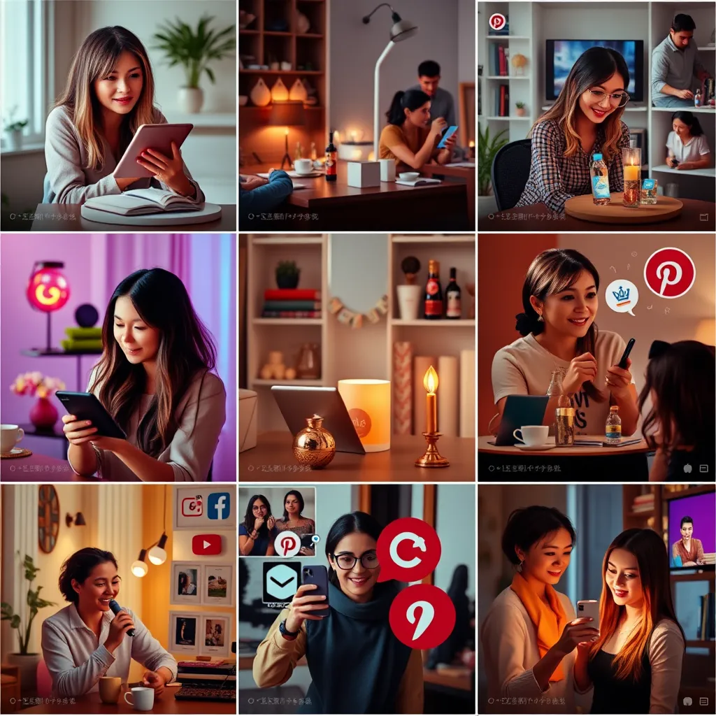 A colorful and visually appealing collage of social media posts featuring a home-based business owner creating content, showcasing products, engaging with customers, and running contests on platforms like Instagram, Facebook, and Pinterest.