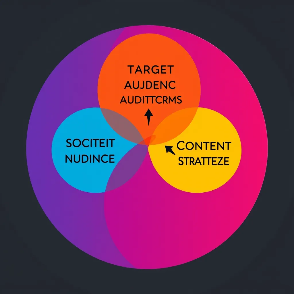 A colorful infographic showing a Venn diagram with three overlapping circles labeled 'Target Audience,' 'Social Media Platform,' and 'Content Strategy.' The overlapping areas are highlighted with arrows pointing to them, symbolizing the intersection of these elements for effective social media marketing.