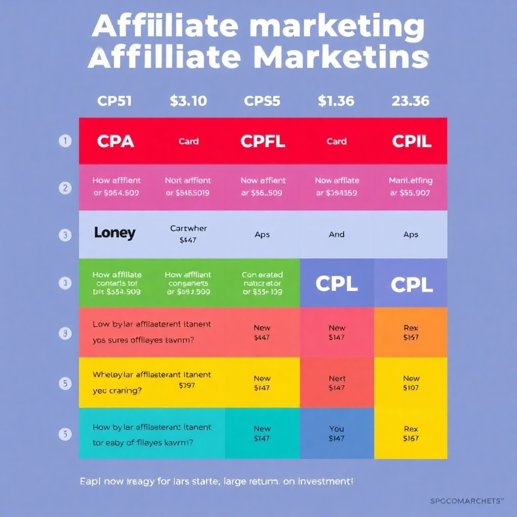 A colourful chart or infographic showing different affiliate marketing monetization methods, such as CPA, CPS, and CPL, with visual representation of how much each strategy might earn on average. This would allow for a comparison, demonstrating the potential for large returns on investments.