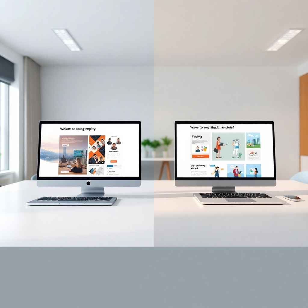 A comparison image. One side showcases a sleek, modern website built using a template, showing its limitations. The other side displays a unique, creatively designed website made from scratch, with custom illustrations and animations.  Both websites should be displayed on high-end laptops in a clean, well-lit office.