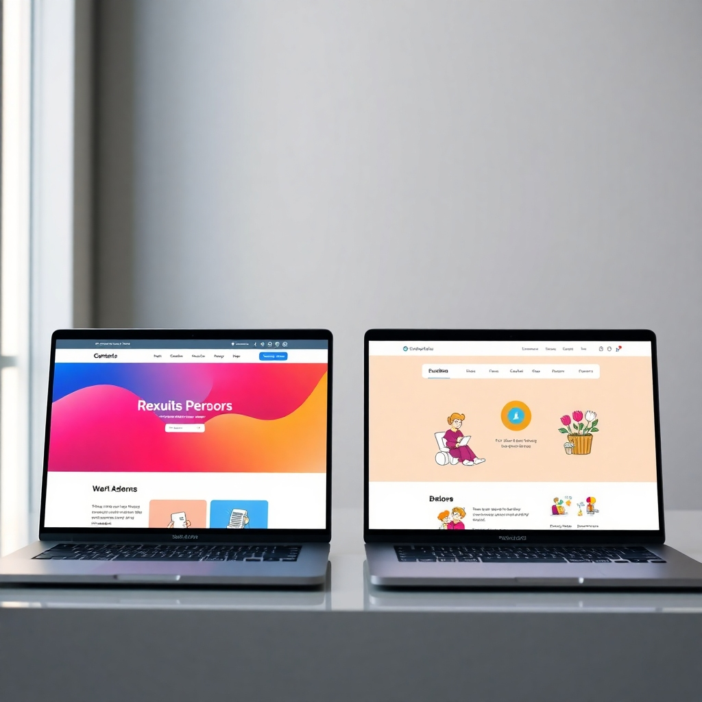 A comparison shot: one side showcases a generic, slightly bland website built from a template. The other side displays a vibrant, uniquely styled website with a strong brand identity—a clean logo, consistent color palette, and custom illustrations. Both websites are displayed on sleek, modern laptops.