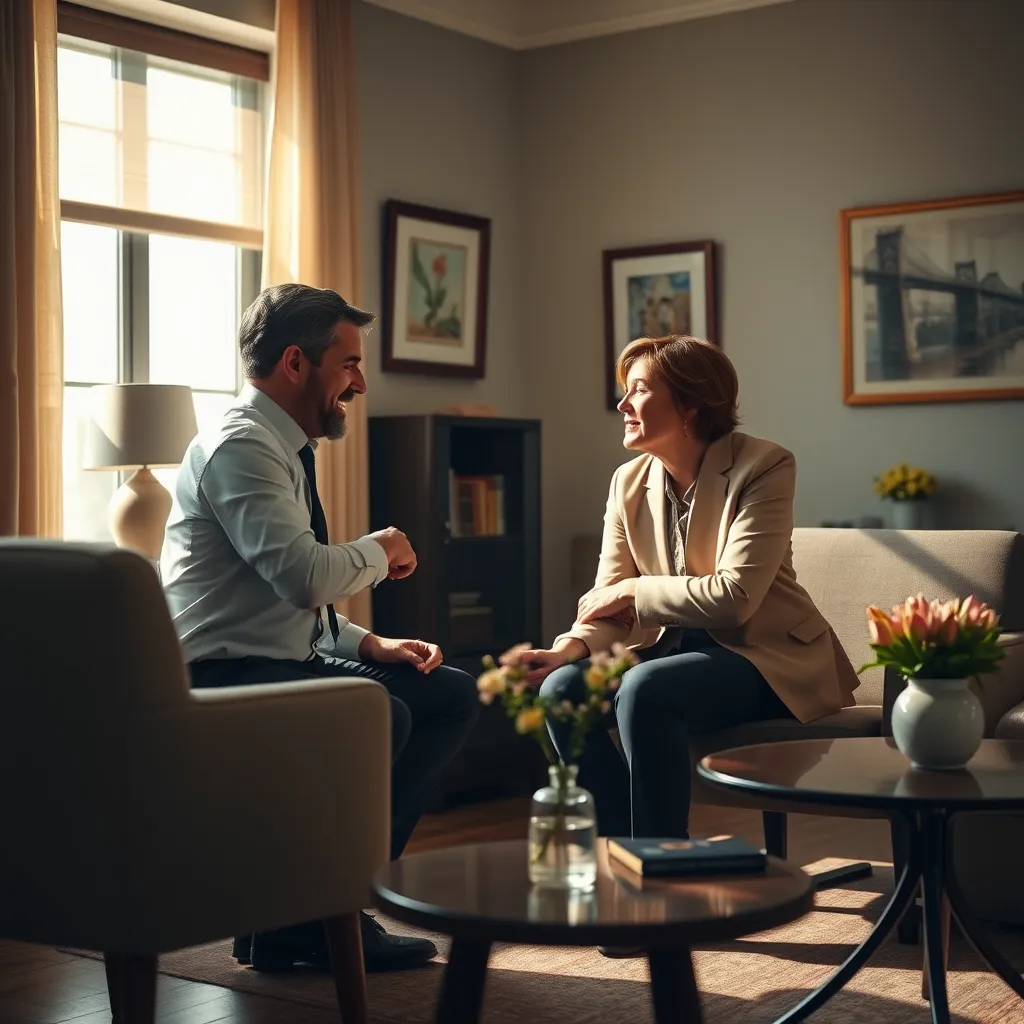 A compassionate scene depicting a lawyer meeting with a client in a warm, inviting conference room. The client, sporting a cast on their arm, is sharing their story with the lawyer, who listens intently with empathy and concern. Natural light streams through the window, casting a soft glow on the room. The lawyer's office features comfortable chairs, artwork on the walls, and a coffee table with a vase of flowers, creating a welcoming environment. The client and lawyer are dressed in casual clothing, creating a relatable and approachable feel. The image should convey a sense of trust and support, employing a soft, muted color palette with a focus on subtle details. The style should be inspired by candid portrait photography, capturing the genuine emotions of the client and the lawyer's empathetic response.