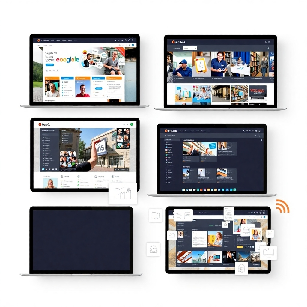 A composite image showing several screens displaying different online marketplaces, overlaid with graphics and icons representing various online business activities. Use a clean, modern style with a focus on usability and clear communication.