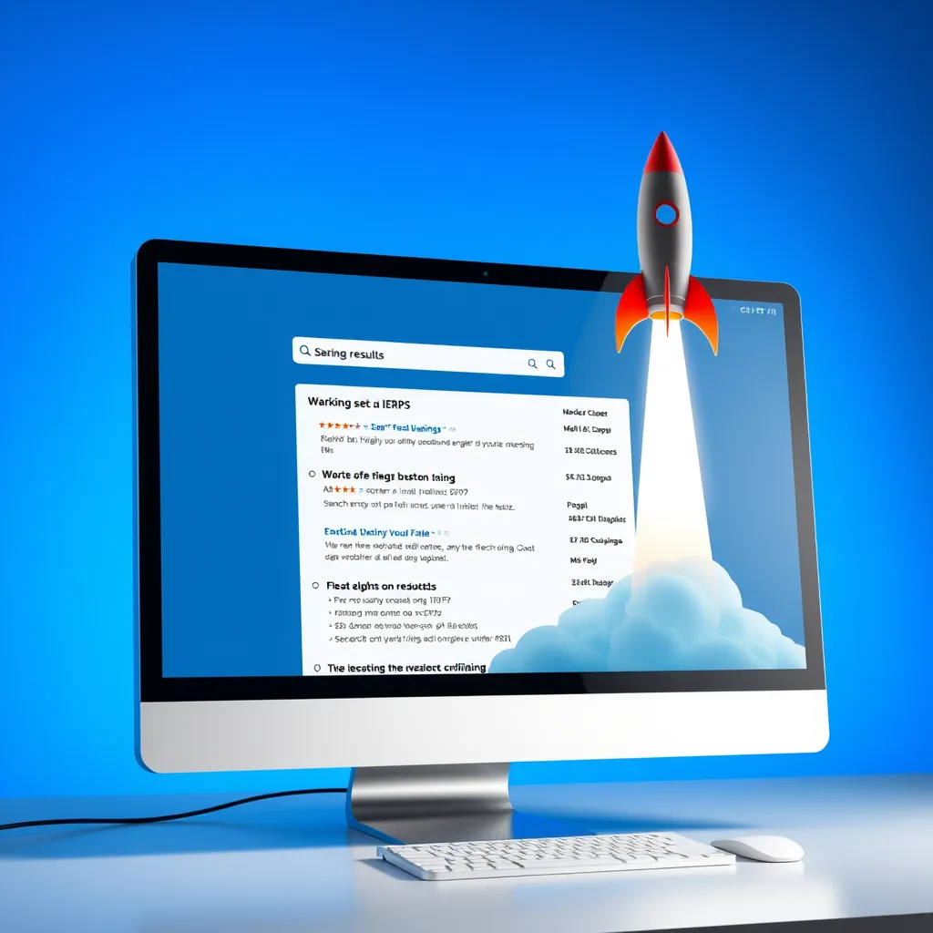 A computer screen displaying a website ranking high in search engine results pages (SERPs), with a graphic representation of a rocket taking off, symbolizing a website's soaring success in online visibility. The background should be a blue gradient representing the vast digital landscape.