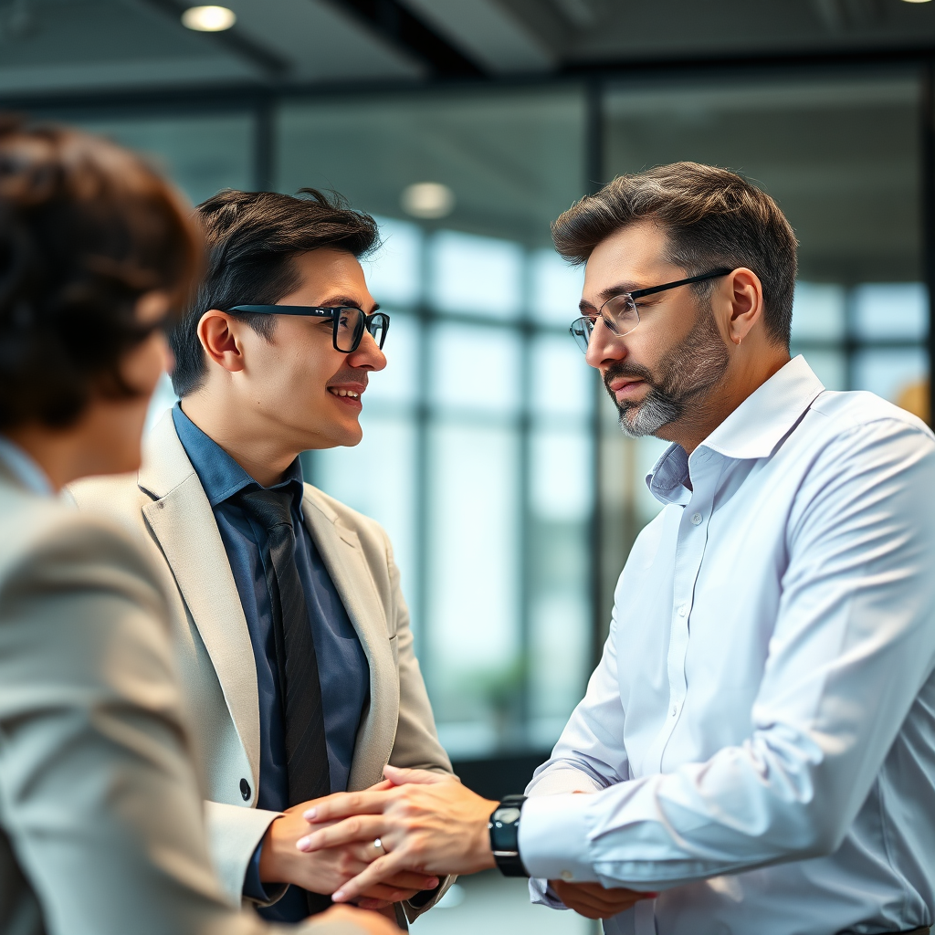 A consultant advising a business executive on AI strategy. Modern office setting. The image conveys trust and expertise. High-quality image, focus on strategic decision-making. Camera angle: close-up. Color palette: Professional and trustworthy.
