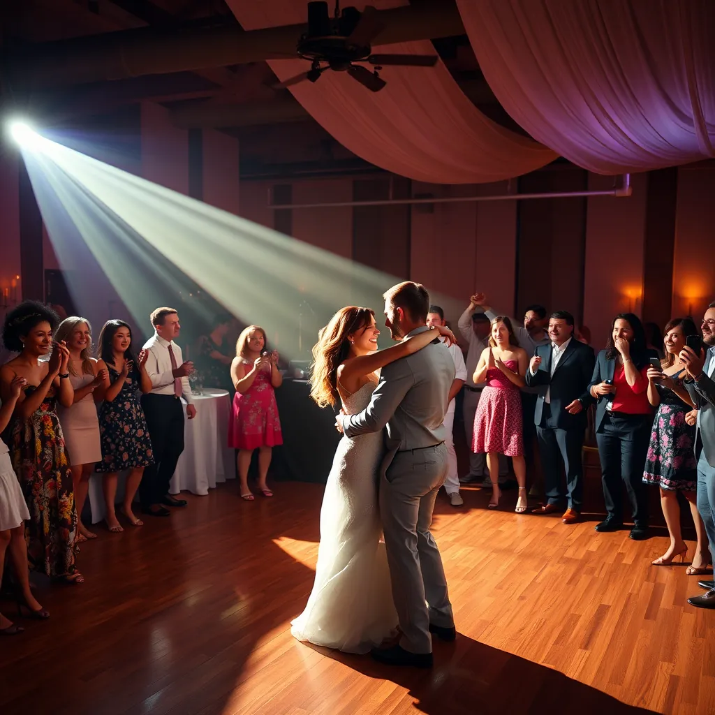 A couple dancing under a spotlight on a dance floor, surrounded by joyful guests celebrating at a wedding reception. The DJ is in the background, playing upbeat music and creating a festive atmosphere.
