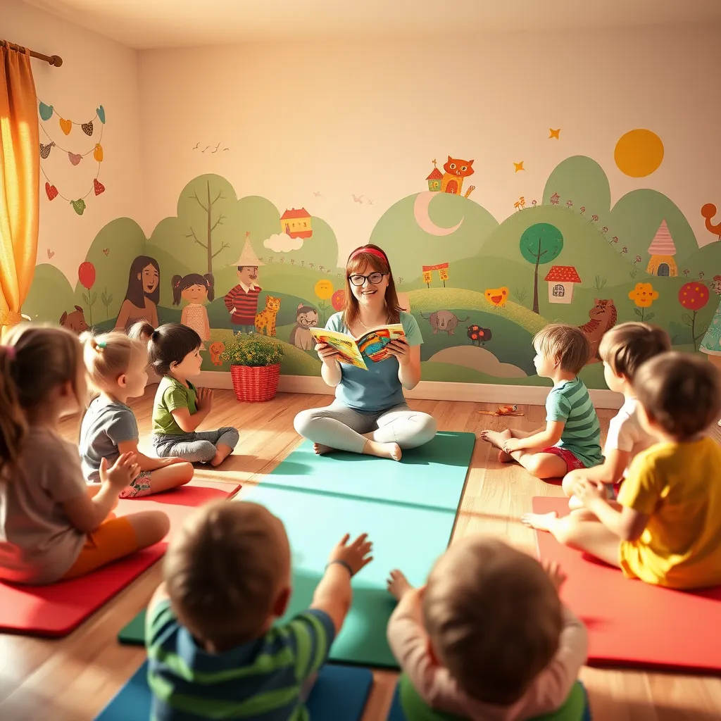A cozy, storybook-like scene of children gathered around a brightly colored yoga mat, listening attentively as a friendly instructor tells a story. The instructor is using props and engaging gestures to bring the story to life, and the children are actively participating with yoga poses that correspond with the narrative. The background features a soft, whimsical mural with colorful characters and magical landscapes. The scene is filled with a warm, inviting light, creating a playful and imaginative atmosphere. Render in a whimsical, stylized style, reminiscent of children's book illustrations. The colors should be vibrant and engaging, and the details of the characters and environment should be rich and imaginative. 8K resolution, with a focus on capturing the joy and excitement of storytelling.