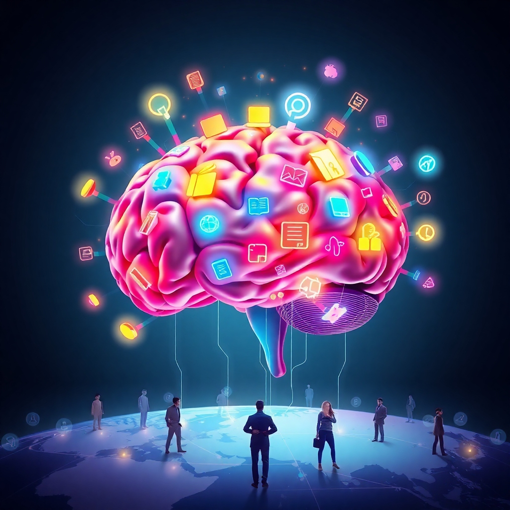 A creative visualization of a brain overflowing with ideas, which then transform into digital products (e.g., ebooks, online courses, software) represented by glowing icons. These products are then shown being distributed to people around the world via the internet. The color palette should be bright and inspiring, with a focus on the transformative power of knowledge. Style: Modern digital art, 4K resolution.