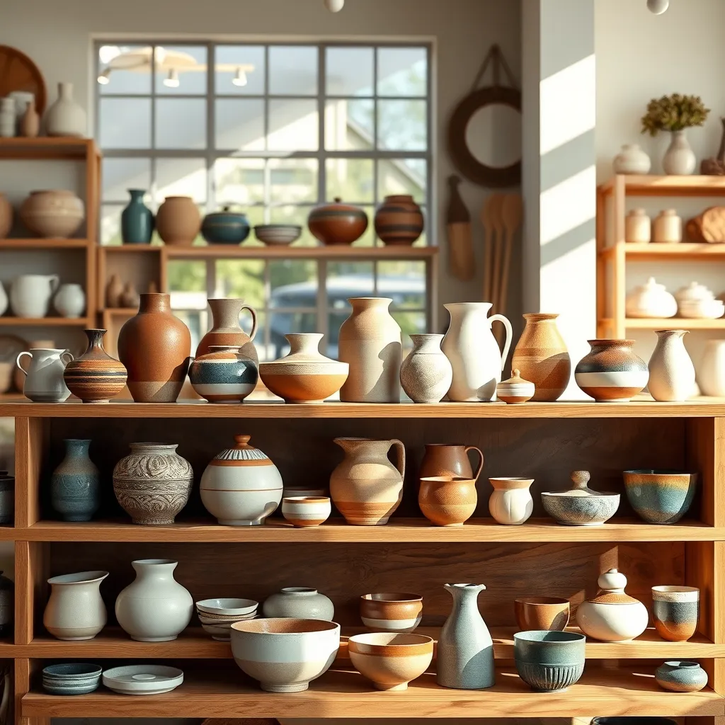 A curated collection of Mary's pottery pieces displayed on a wooden shelf in a home decor store. Include a variety of shapes, sizes, and colors, showcasing the diversity of her work. The image should be bright and inviting, with natural light highlighting the beauty of the ceramics.