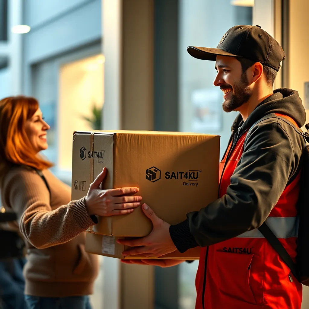A customer receiving a well-packaged delivery from SAITS4U.  Depict the product as high-quality and the customer expressing satisfaction. Include a smiling delivery person and a positive overall atmosphere.