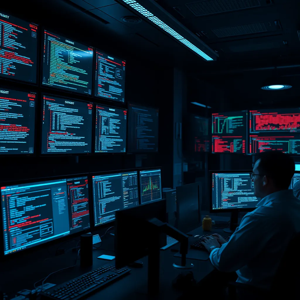  A dark, futuristic room with a team of cybersecurity professionals monitoring multiple computer screens displaying complex code, security alerts, and network activity. The scene should evoke a sense of vigilance and security, with a strong emphasis on advanced technology and data analysis.